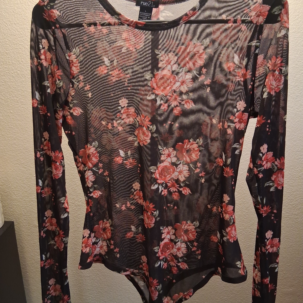 Rue21 Floral Mesh Bodysuit in Black and Pink
